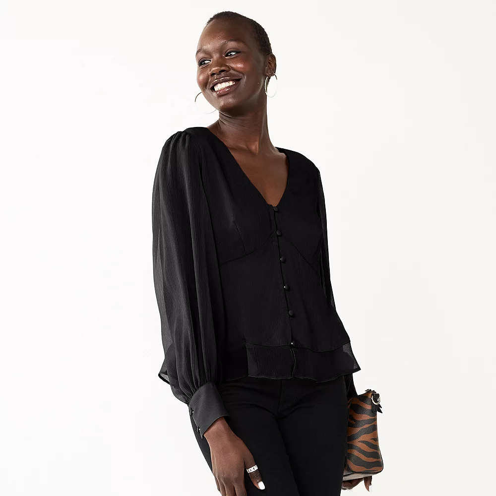 Women's Nine West Long Sleeve V-Neck Button Front Blouse 4 Women's Nine West Long Sleeve V-Neck Button Front Blouse - Image 2