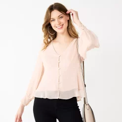 Petite Nine West Long Sleeve Button-Front V-Neck Blouse -Clothing Sales Store 5693284 Faint Whisper