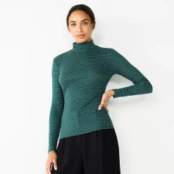 Petite Nine West Long Sleeve Fitted Turtleneck Top -Clothing Sales Store 5693745 Green Shine Stripe