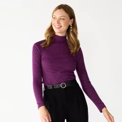 Petite Nine West Long Sleeve Fitted Turtleneck Top -Clothing Sales Store 5693745 Plum Shine Stripe