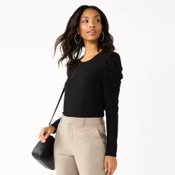 Women's Nine West Pleat Sleeve Crewneck Top -Clothing Sales Store 5696752 Mineral Black