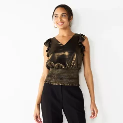 Women's Nine West Sleeveless Ruffle Smocked Hem Top -Clothing Sales Store 5697194 Black Gold