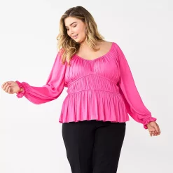 Plus Size Nine West Long Sleeve Sweetheart Peplum Top -Clothing Sales Store 5697509 Always Pink