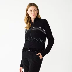 Women's Nine West Quarter Zip Sequin Stripe Pullover Sweater -Clothing Sales Store 5713489 Black