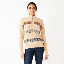 Women's Nine West Quarter Zip Sequin Stripe Pullover Sweater -Clothing Sales Store 5713489 Camel