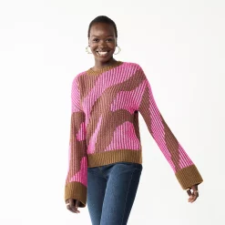 Women's Nine West Patterned Crewneck Sweater -Clothing Sales Store 5731865 Always Pink Combo