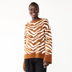 Women's Nine West Patterned Crewneck Sweater -Clothing Sales Store 5731865 Brown Zebra Stripe
