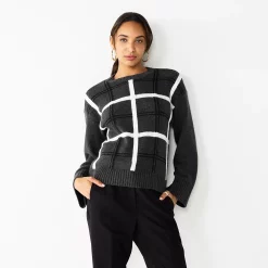 Women's Nine West Patterned Crewneck Sweater -Clothing Sales Store 5731865 Gray Plaid