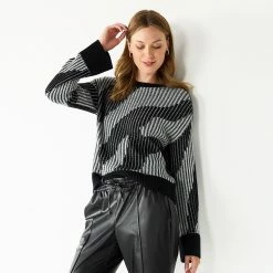 Women's Nine West Patterned Crewneck Sweater -Clothing Sales Store 5731865 Mineral Black Combo