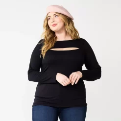 Plus Size Nine West Fitted Long Sleeve Cutout Top -Clothing Sales Store 5815656 Mineral Black