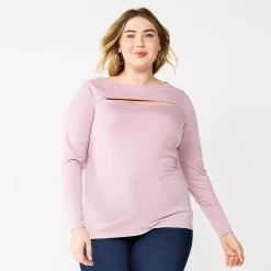 Plus Size Nine West Fitted Long Sleeve Cutout Top -Clothing Sales Store 5815656 Washed Grape