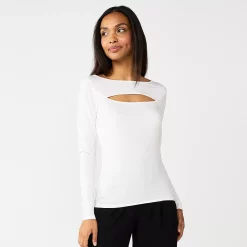 Women's Nine West Fitted Long Sleeve Cutout Top -Clothing Sales Store 5817132 Ivory Tusk