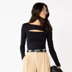 Women's Nine West Fitted Long Sleeve Cutout Top -Clothing Sales Store 5817132 Mineral Black