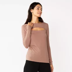 Women's Nine West Fitted Long Sleeve Cutout Top -Clothing Sales Store 5817132 Mocha Frosting
