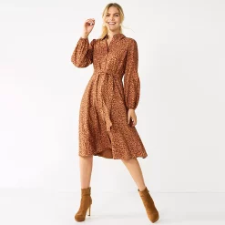 Women's Nine West Midi Shirt Dress -Clothing Sales Store 5831853 Fuzzy Leopard Brown